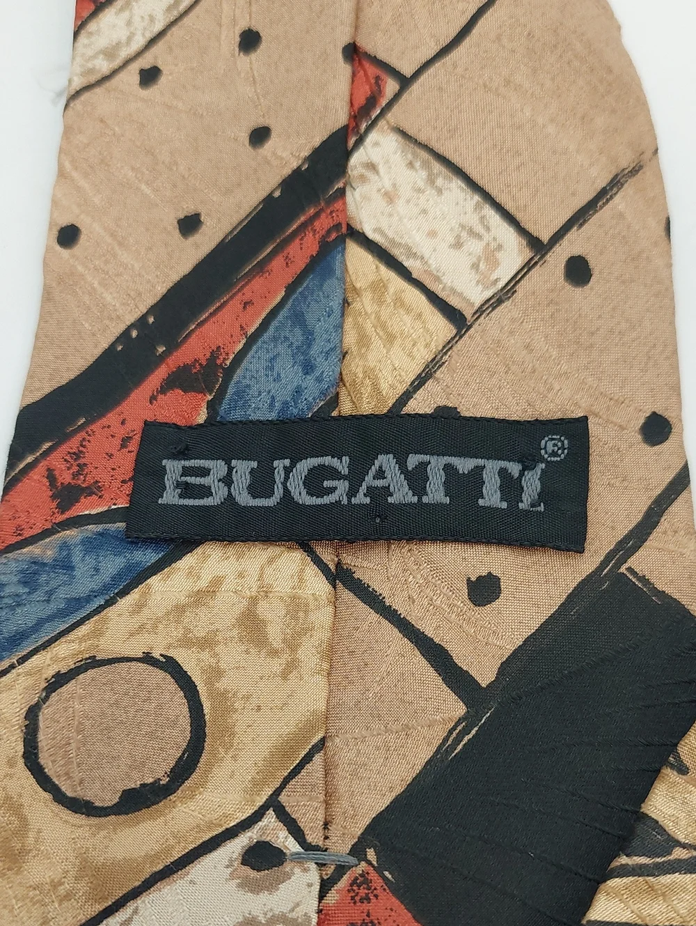 Bugatti Men's Tie Abstract Geometric Silk Tie in Tan with Blue & Red Accents